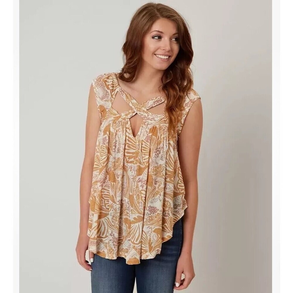 Free People Sugar Cane Yellow Blouse Cross Straps Size Medium Cross over top